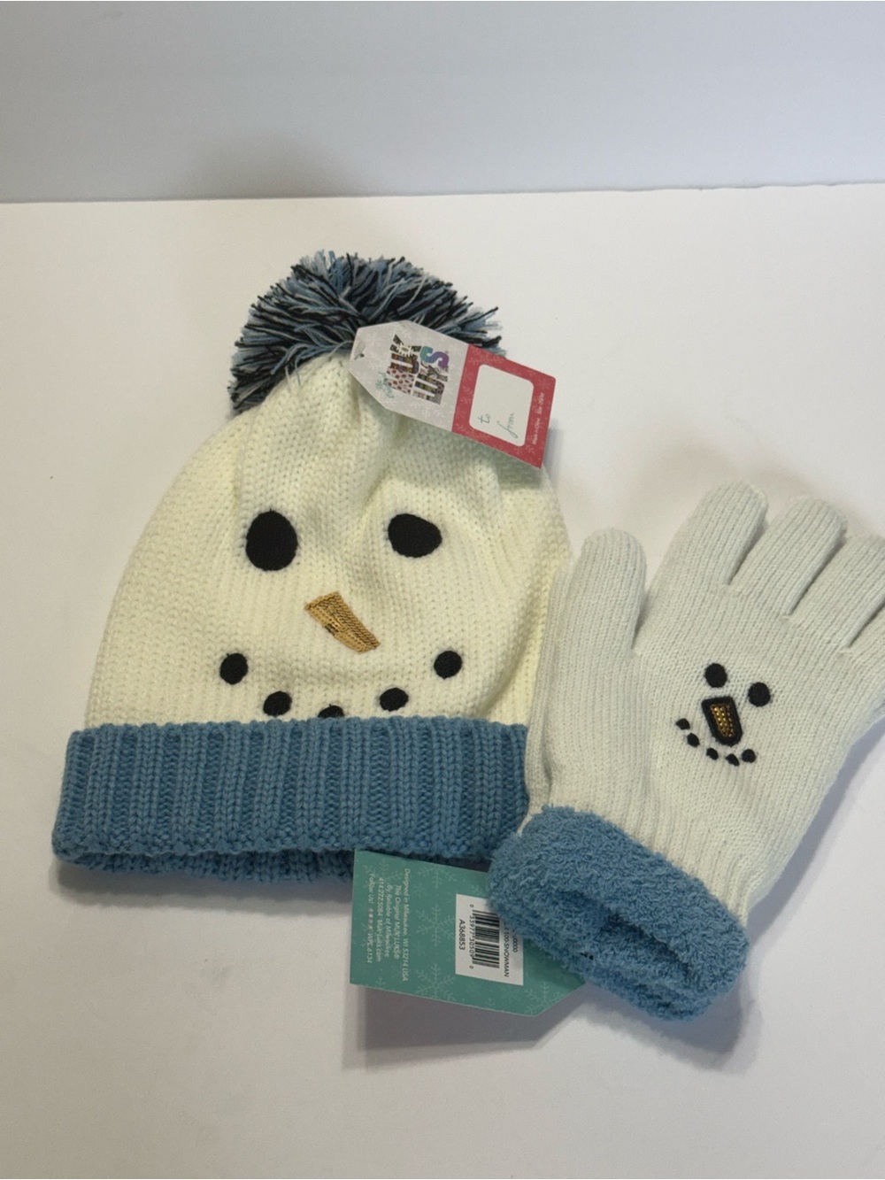 Muk Luks Holiday Snowman Hat and Gloves Set - White & Blue NWT